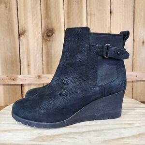 UGG Indra Boots Womens 7 Black Nubuck Shearling Pull On Waterproof Wedge Ankle